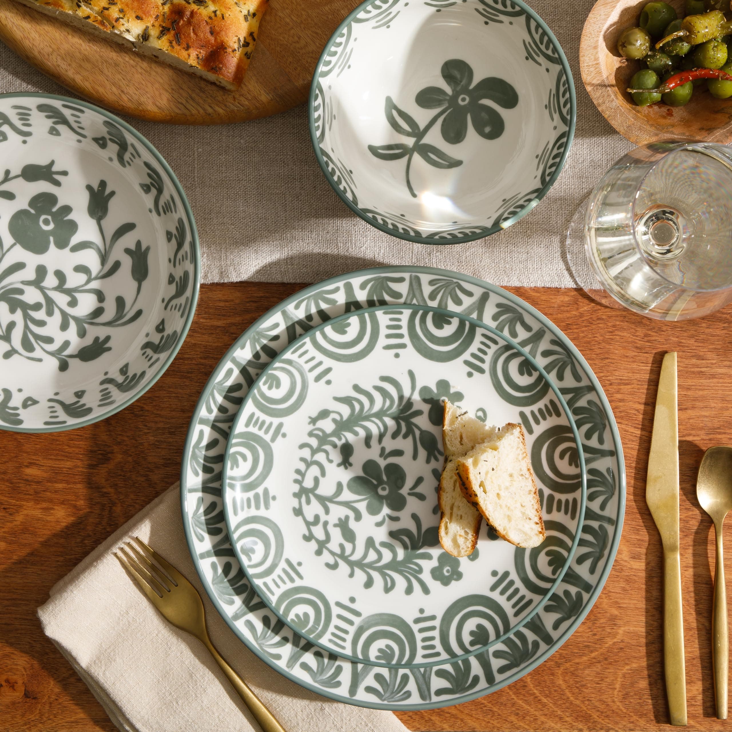 Bloomhouse - 2-Time Oprah’s Favorite Things - Valencia Flor 16 Piece Dinnerware Set, Artisanal Decorated Stoneware Plates & Bowls, Service for 4, Microwave & Dishwasher Safe, Fern Green, view 3