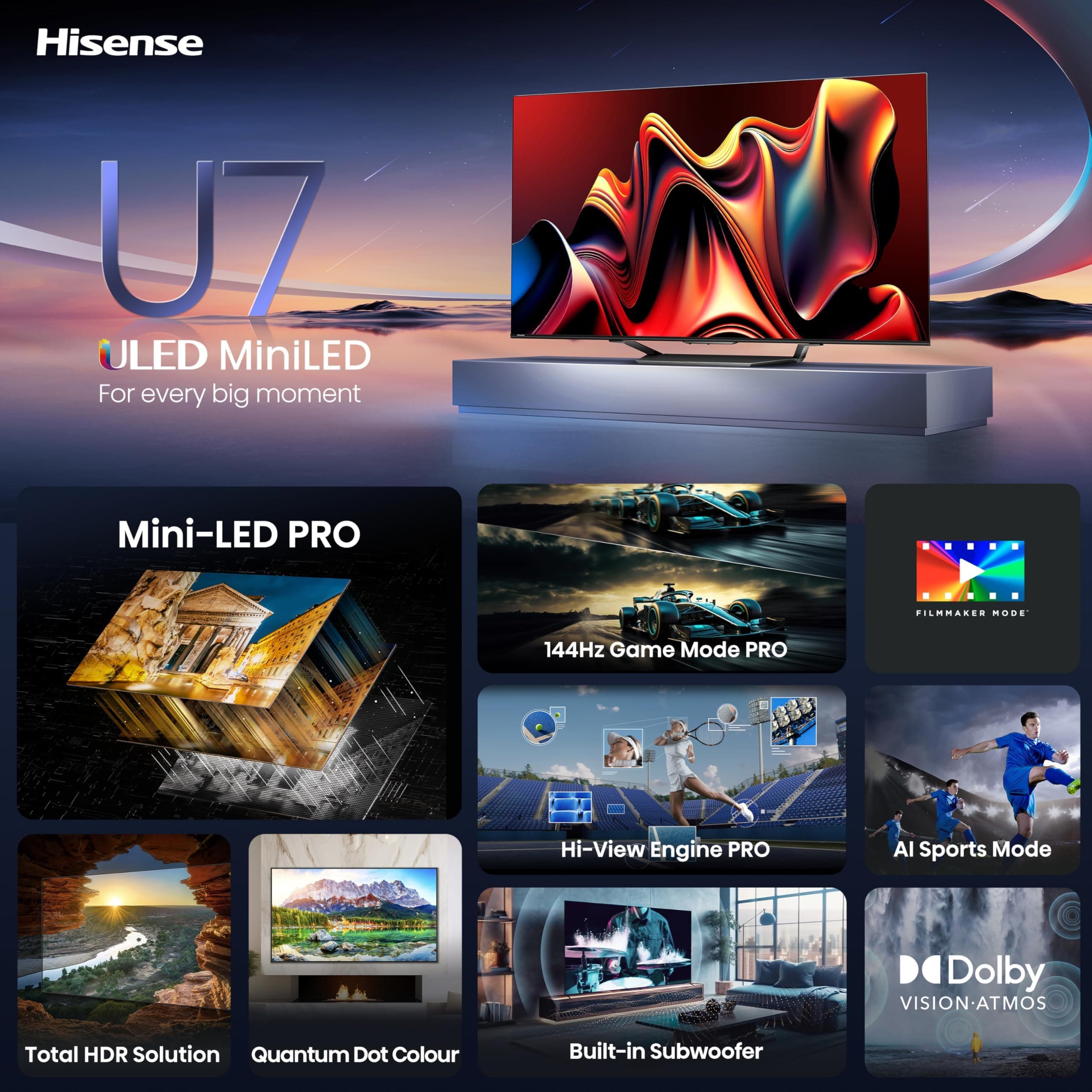 Hisense 55-Inch Class U7 Series Mini-LED ULED 4K UHD Google Smart TV (55U7N) - QLED, Dolby Vision IQ, Dolby Atmos, Full Array Local Dimming, 144Hz Game Mode Pro, VRR, Alexa Compatibility, view 3