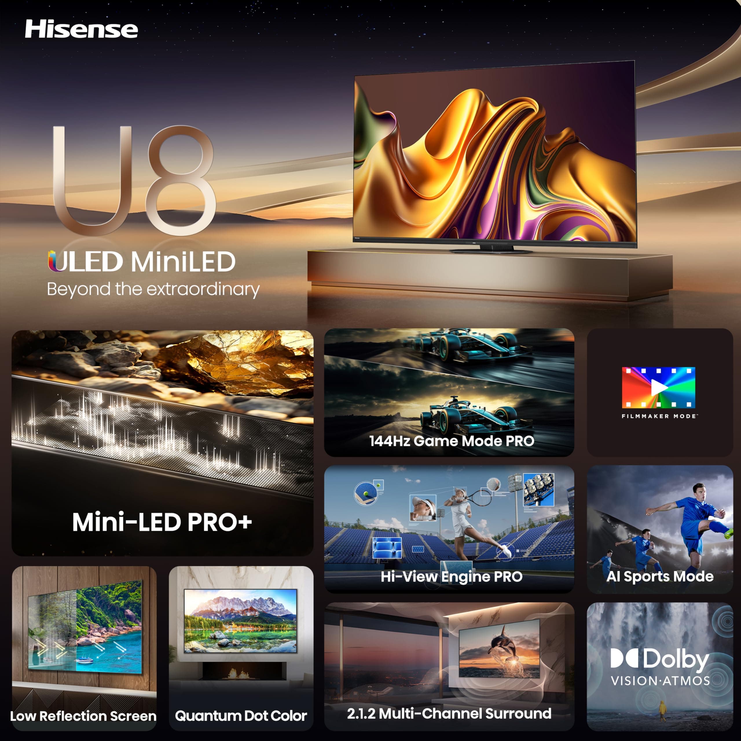 Hisense 85-Inch Class U8 Series Mini-LED ULED 4K UHD Google Smart TV (85U8N) - QLED, Dolby Vision IQ, Dolby Atmos, Full Array Local Dimming Pro, 144Hz Game Mode Pro, Alexa Compatibility, view 3