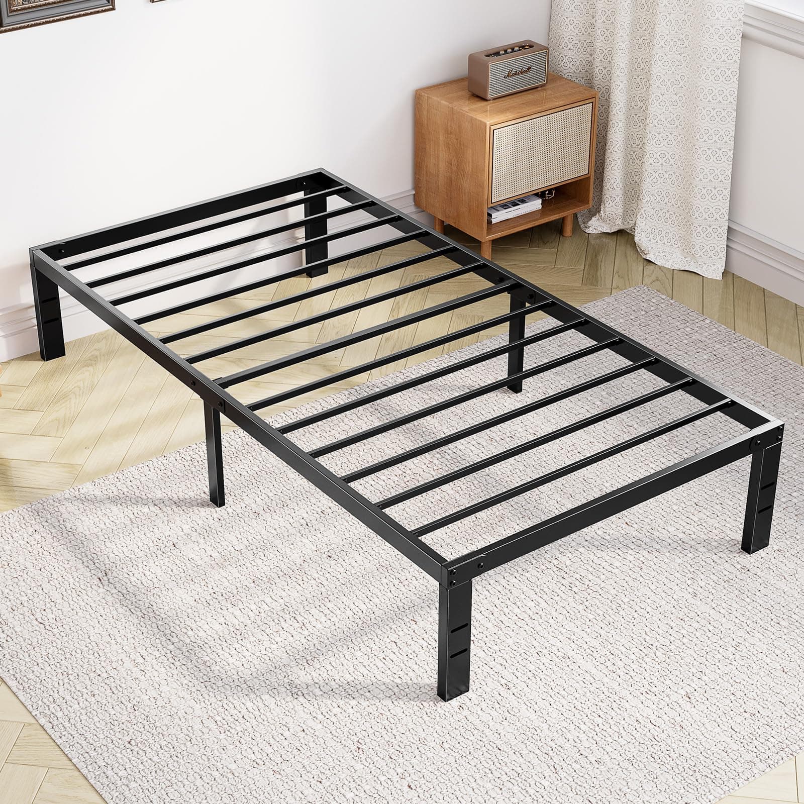 OLIXIS Twin Metal Platform Bed Frame - 14in High Heavy Duty Mattress Foundation with Storage Space, No Box Spring Needed, Sturdy Steel Slat Support, Easy Assembly, Black, view 8