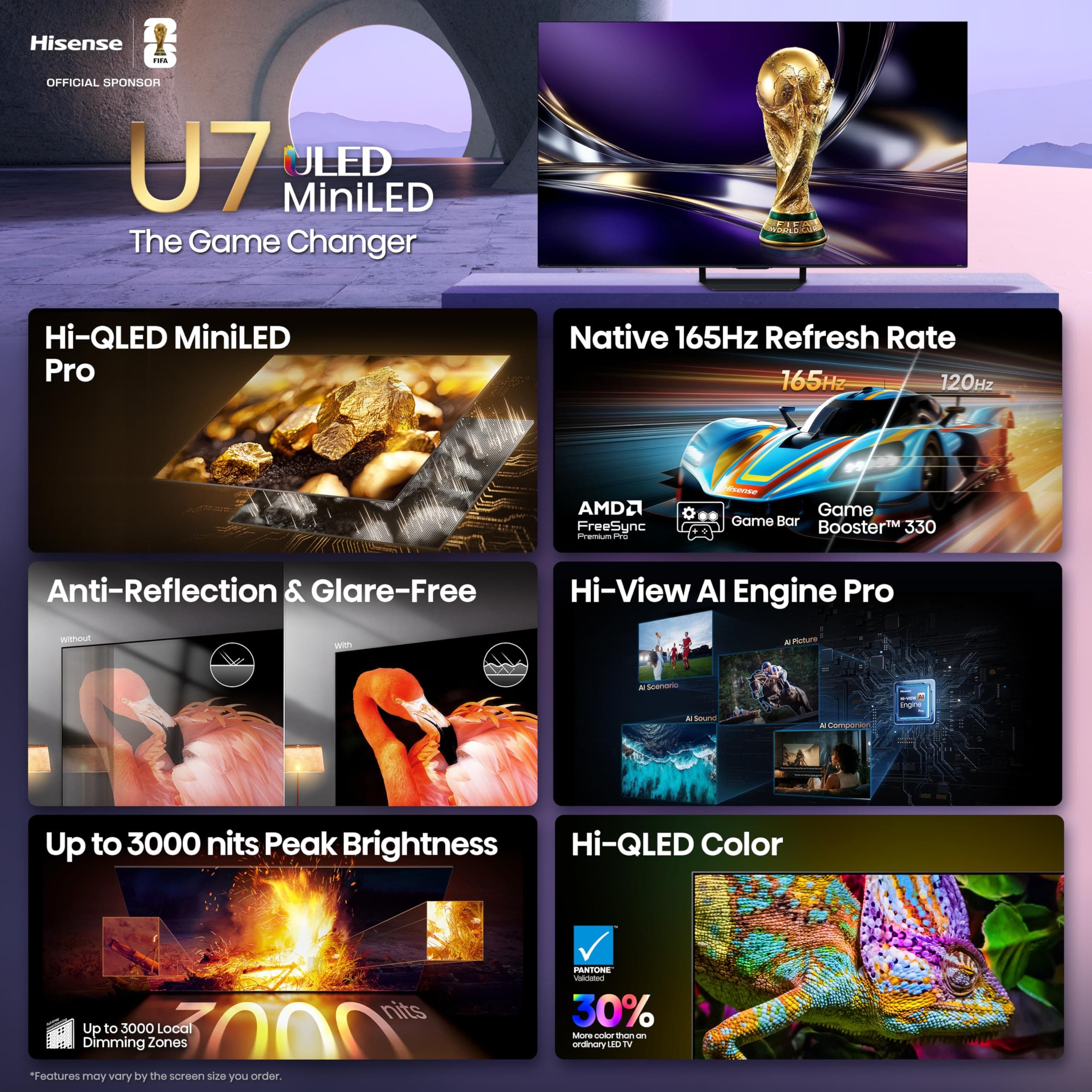 Hisense 65" U7 Mini-LED ULED 4K UHD Best Premium Gaming HDR Smart Fire TV (65U7SF, 2026 New) - Hi-QLED, Native 165Hz, VRR 330, Dolby Vision IQ · Atmos, IMAX Enhanced, Anti-Reflection, 2.1.2 Ch, Alexa+, view 3