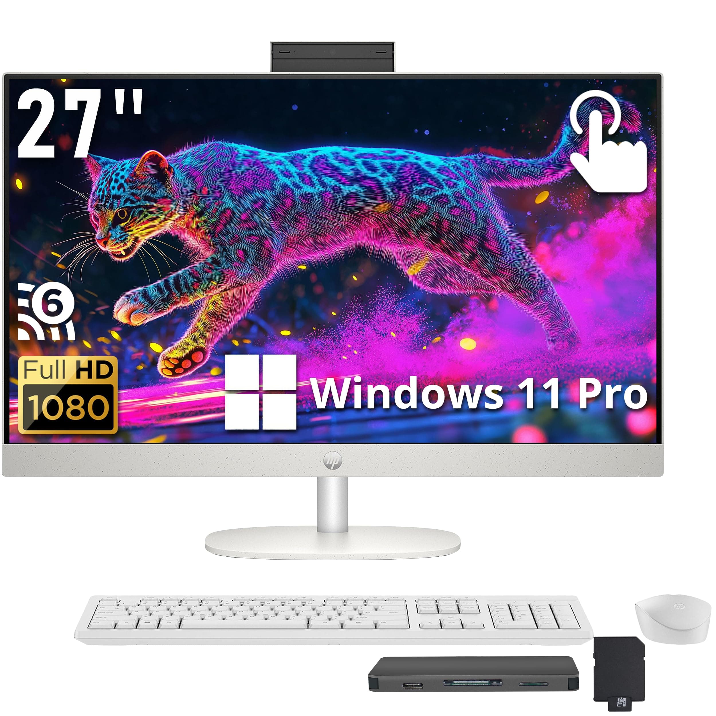 HP 27" FHD Touchscreen All-in-One Desktop, AMD Ryzen 5 7520U, 16GB LPDDR5, 672GB Storage (512GB SSD+160GB Docking Station), FHD IR Camera, Wi-Fi 6, Wireless Keyboard & Mouse, Windows 11 Pro, White